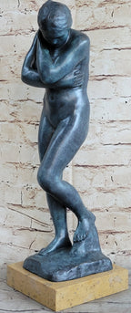 EVE by Auguste Rodin (1880) Bronze Statue Sculpture Replica Green Patina on Tan Marble Base