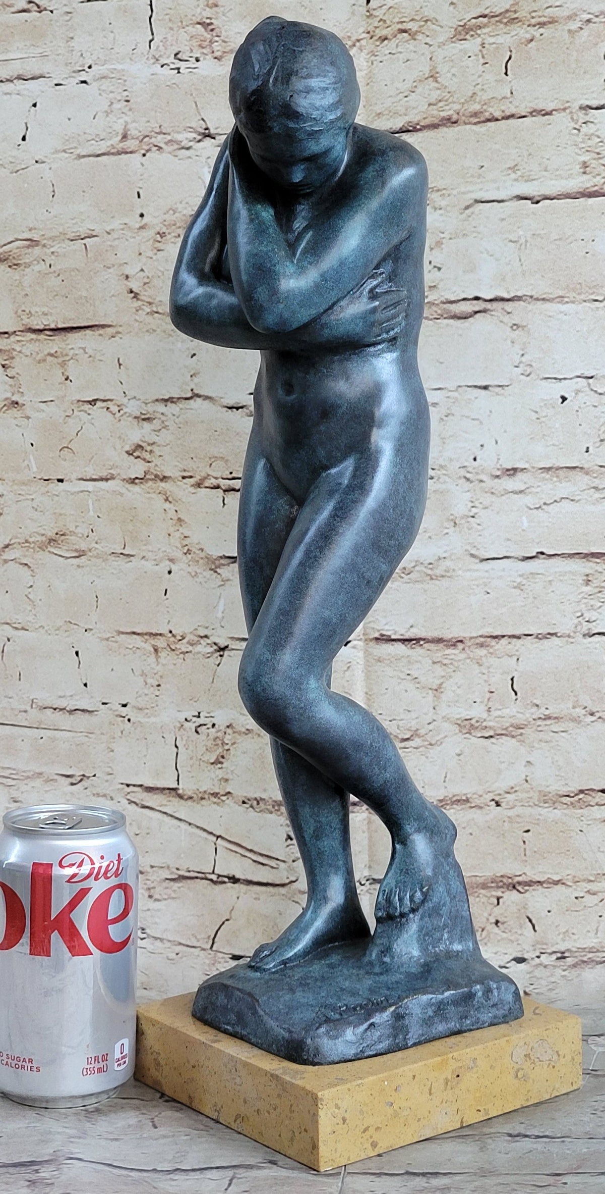 EVE by Auguste Rodin (1880) Bronze Statue Sculpture Replica Green Patina on Tan Marble Base