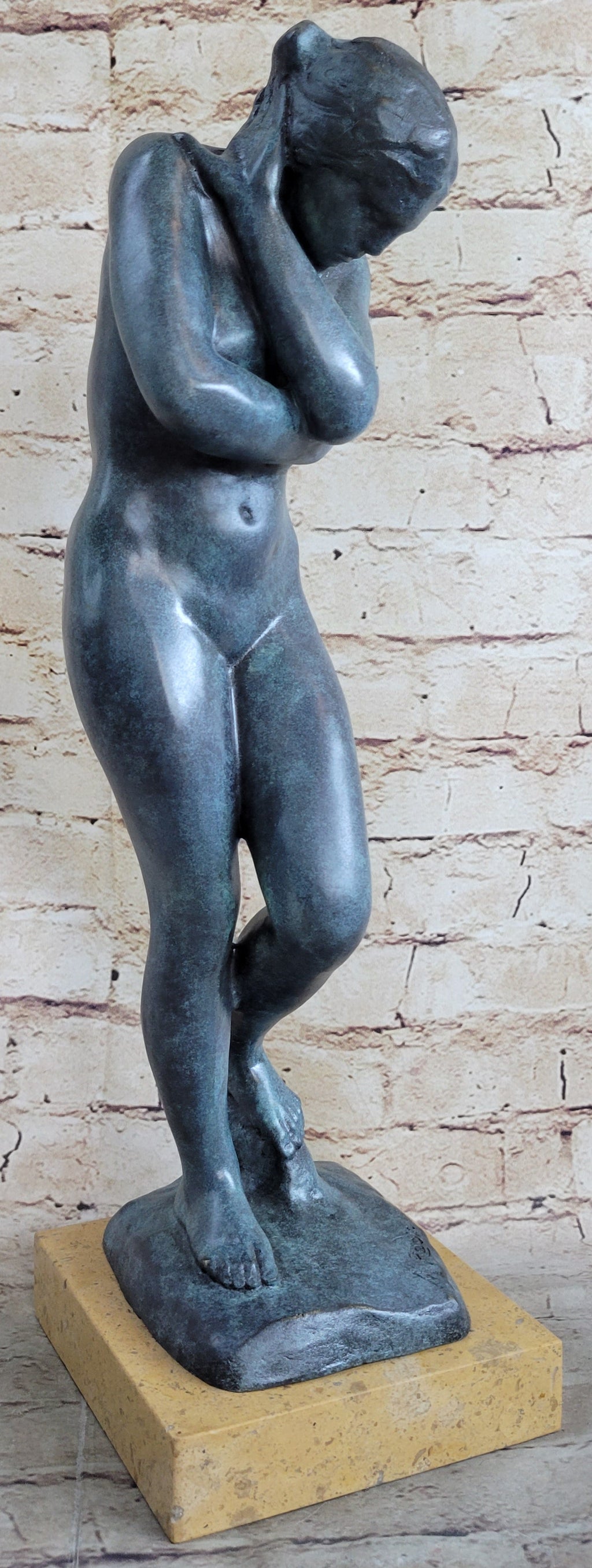 EVE by Auguste Rodin (1880) Bronze Statue Sculpture Replica Green Patina on Tan Marble Base