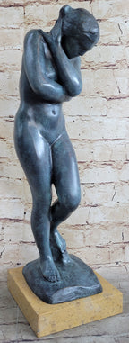 EVE by Auguste Rodin (1880) Bronze Statue Sculpture Replica Green Patina on Tan Marble Base