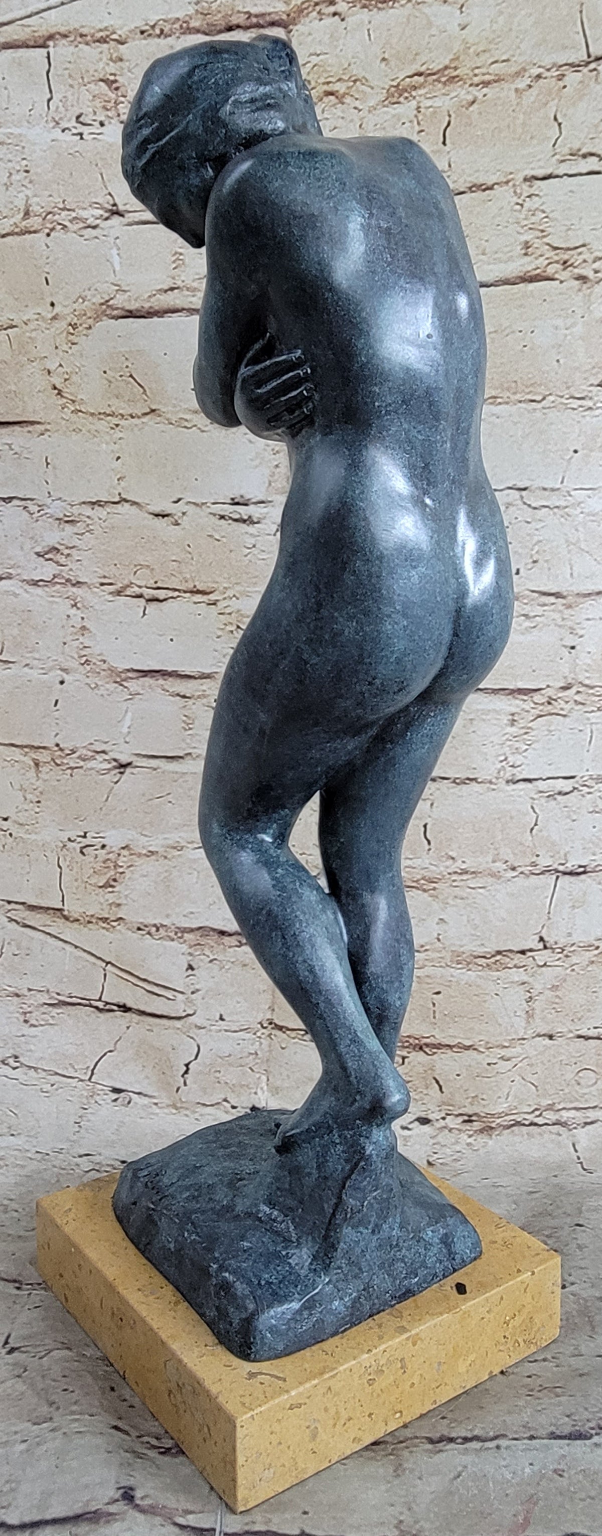 EVE by Auguste Rodin (1880) Bronze Statue Sculpture Replica Green Patina on Tan Marble Base