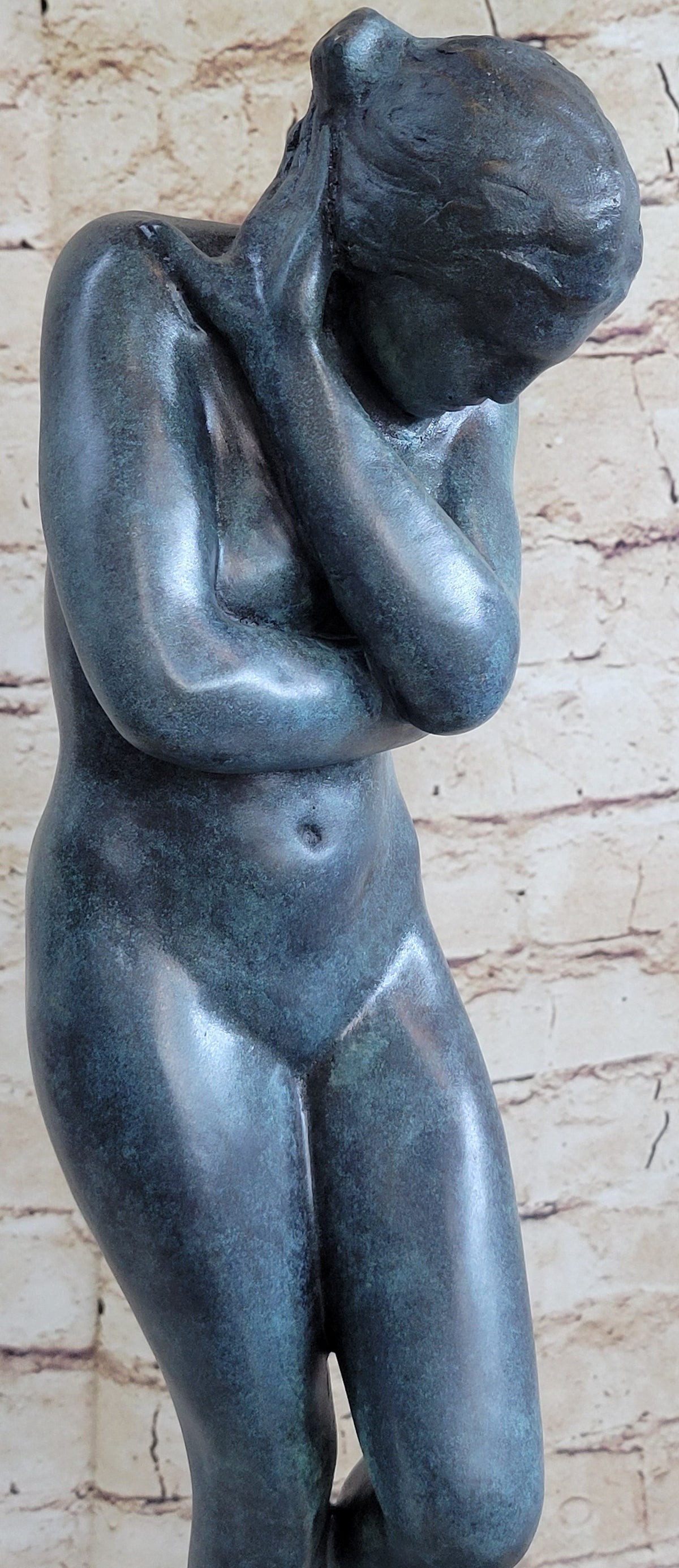 EVE by Auguste Rodin (1880) Bronze Statue Sculpture Replica Green Patina on Tan Marble Base