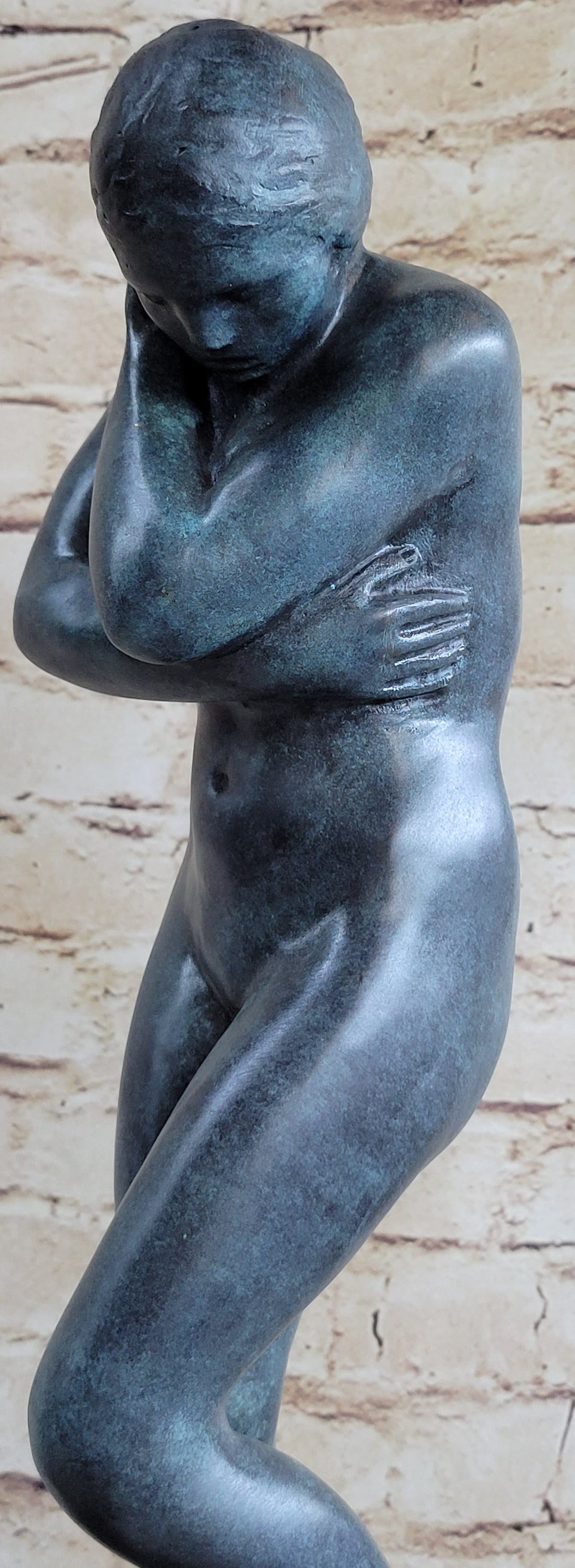 EVE by Auguste Rodin (1880) Bronze Statue Sculpture Replica Green Patina on Tan Marble Base
