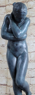 EVE by Auguste Rodin (1880) Bronze Statue Sculpture Replica Green Patina on Tan Marble Base