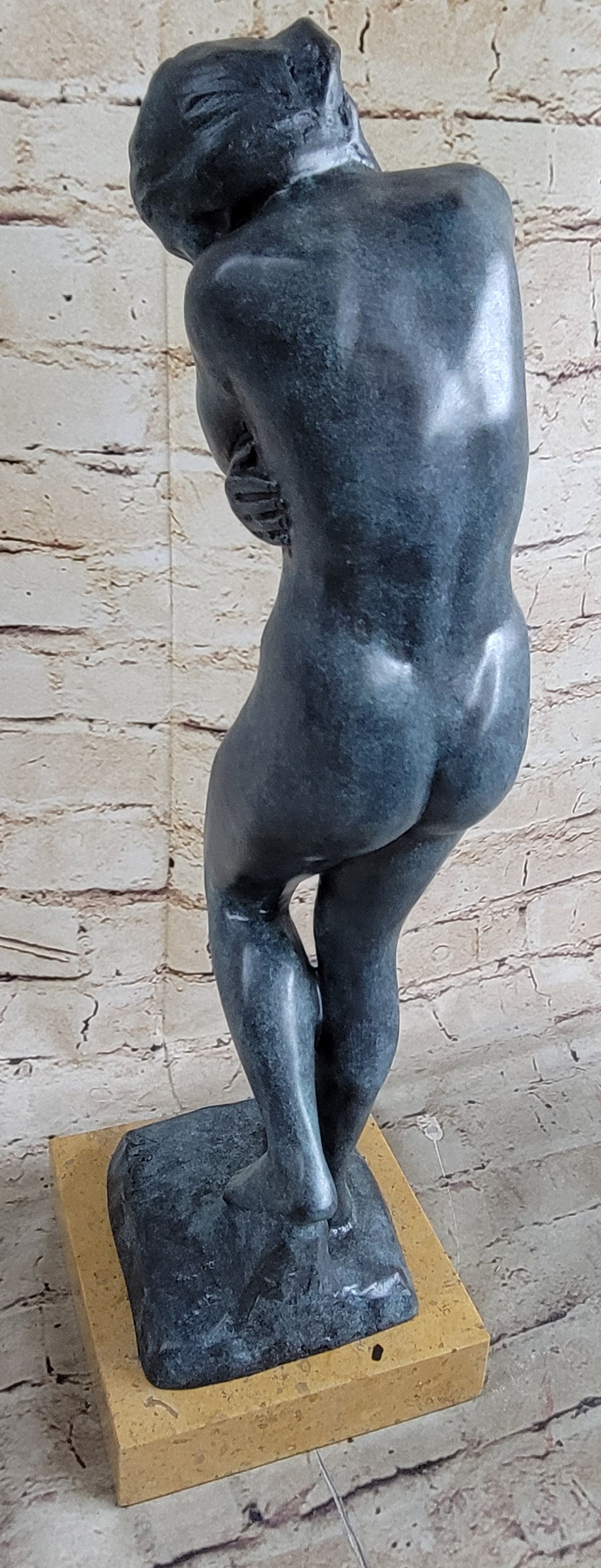 EVE by Auguste Rodin (1880) Bronze Statue Sculpture Replica Green Patina on Tan Marble Base
