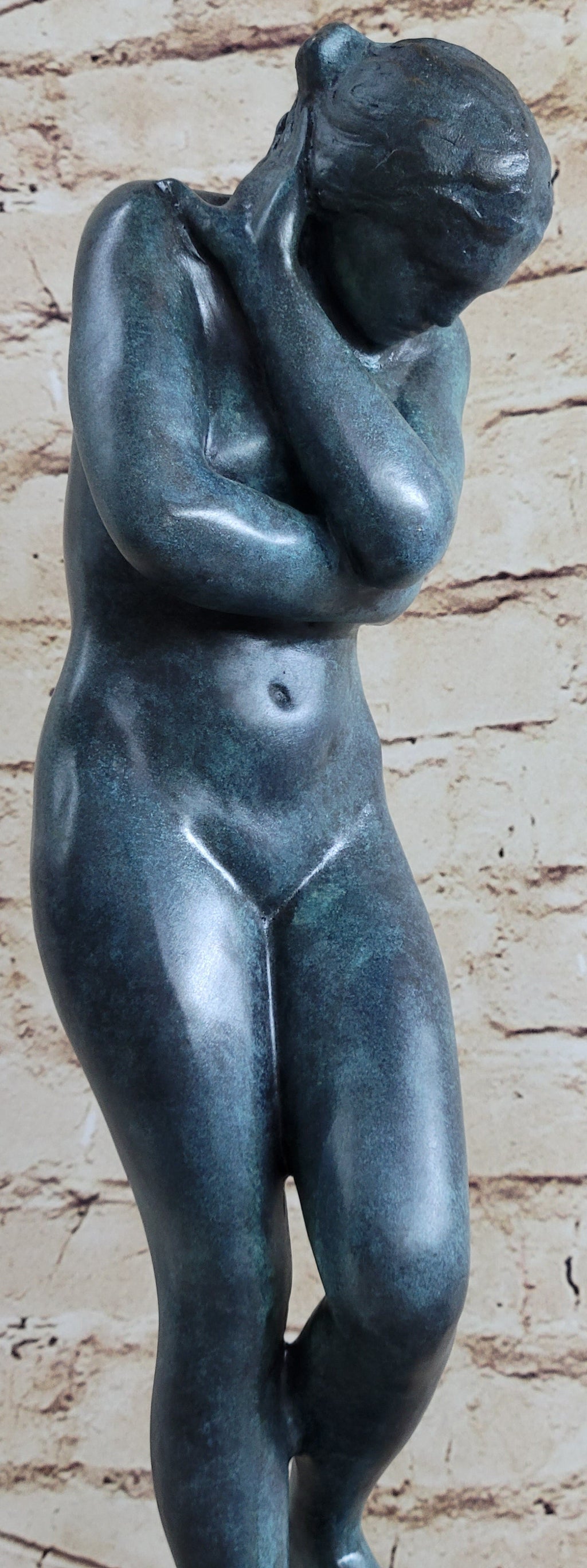 EVE by Auguste Rodin (1880) Bronze Statue Sculpture Replica Green Patina on Tan Marble Base