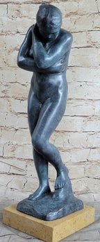 EVE by Auguste Rodin (1880) Bronze Statue Sculpture Replica Green Patina on Tan Marble Base