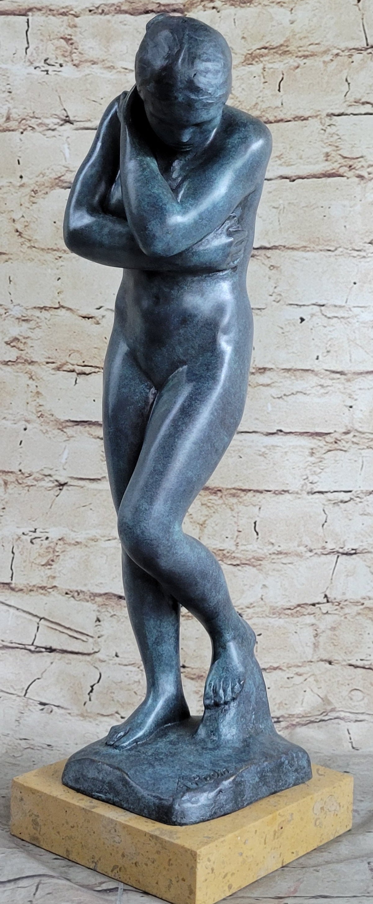 EVE by Auguste Rodin (1880) Bronze Statue Sculpture Replica Green Patina on Tan Marble Base