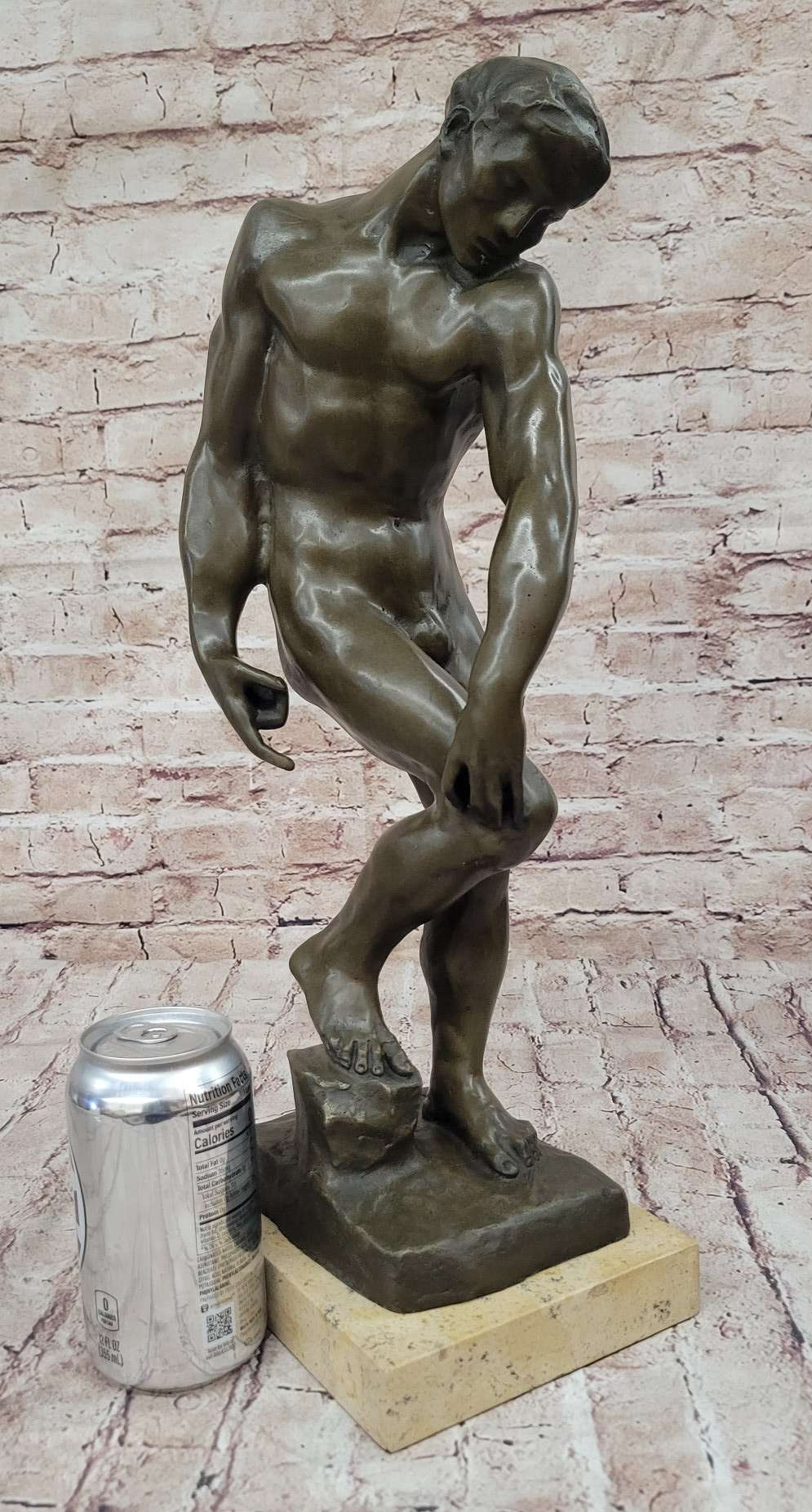 ADAM by Auguste Rodin (1880) Bronze Sculpture Statue Replica on Marble Base