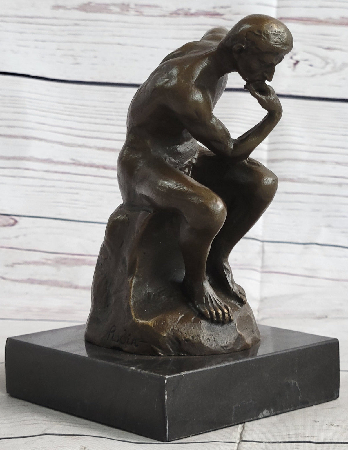 The Thinker Thinking Man by Auguste Rodin Miniature Bronze Sculpture Statue on Marble Base