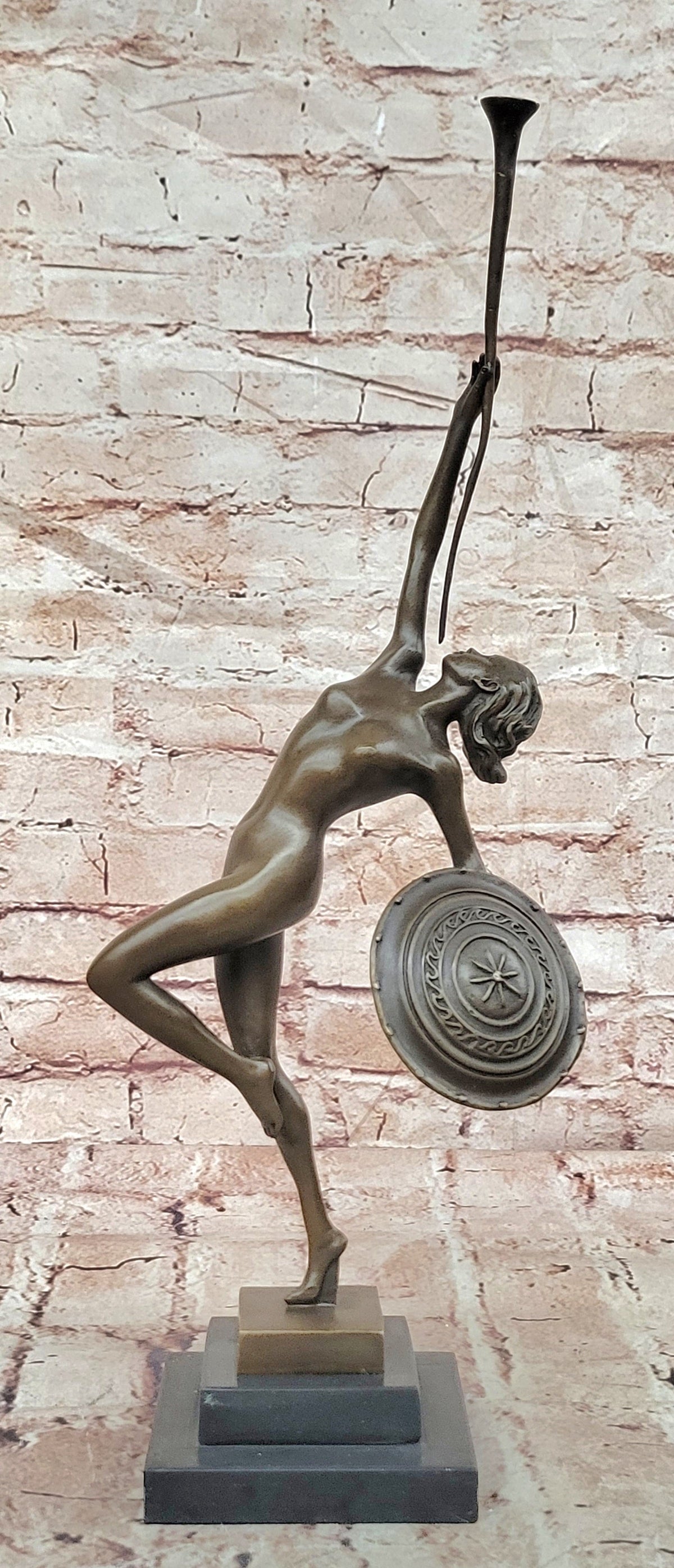 Amazon Warrior Woman with Spear and Shield Bronze Sculpture by Guerbe