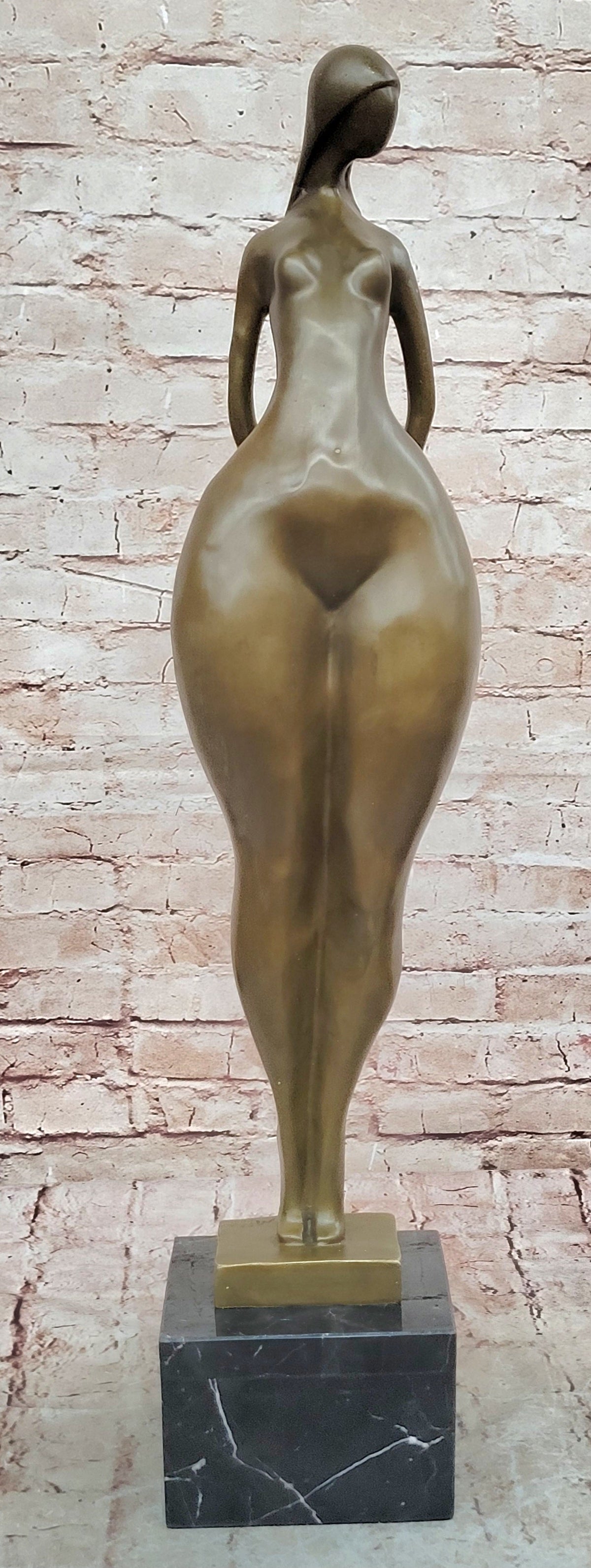 Abstract Bronze Female Sculpture – Modern Nude Woman Statue on Marble Base