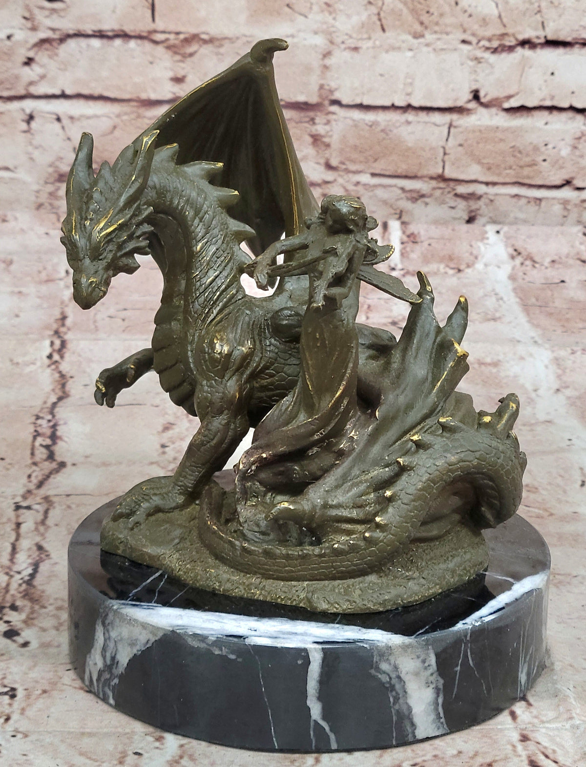 Bronze Dragon and Violinist Statue Fantasy Medieval Sculpture Decor