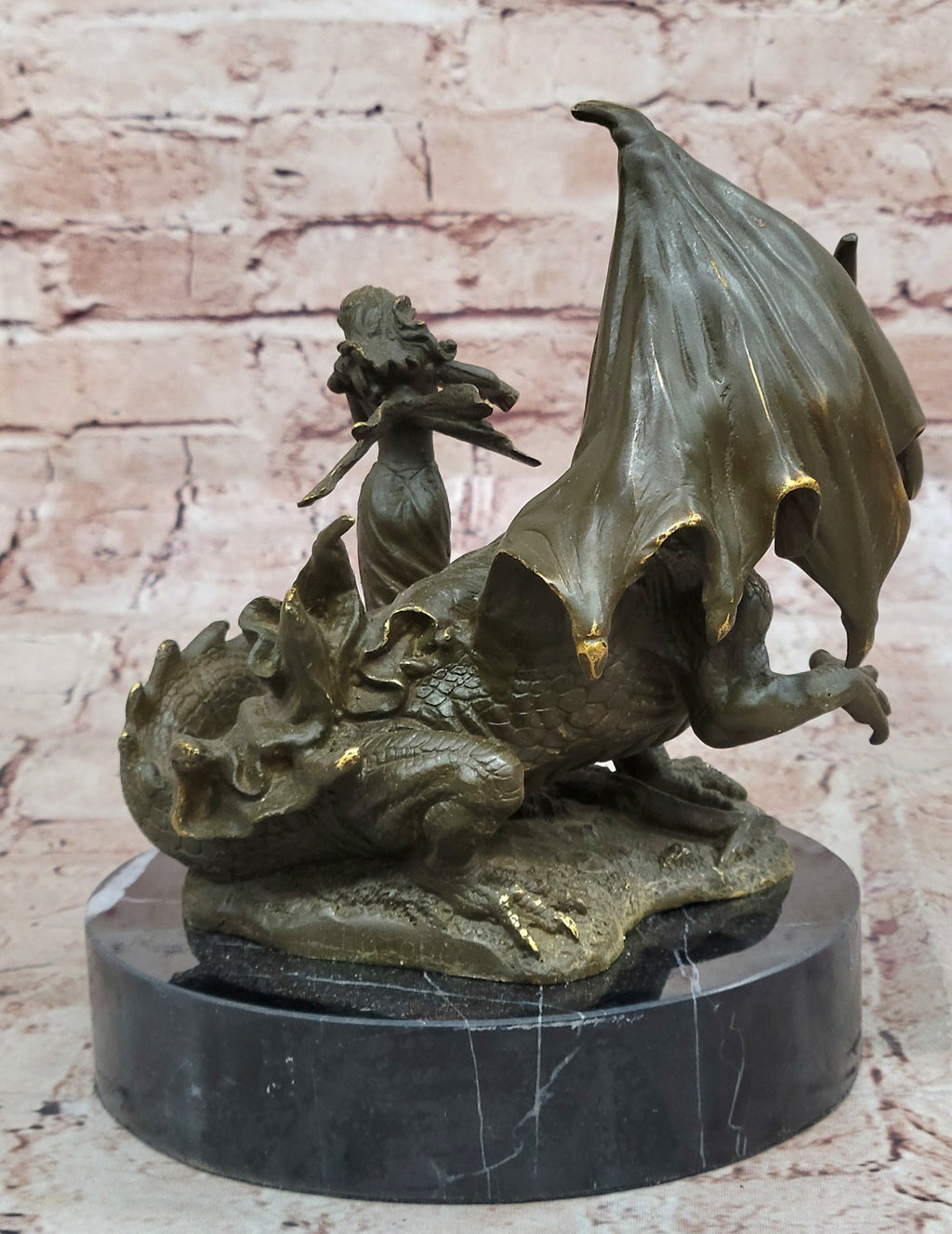 Bronze Dragon and Violinist Statue Fantasy Medieval Sculpture Decor