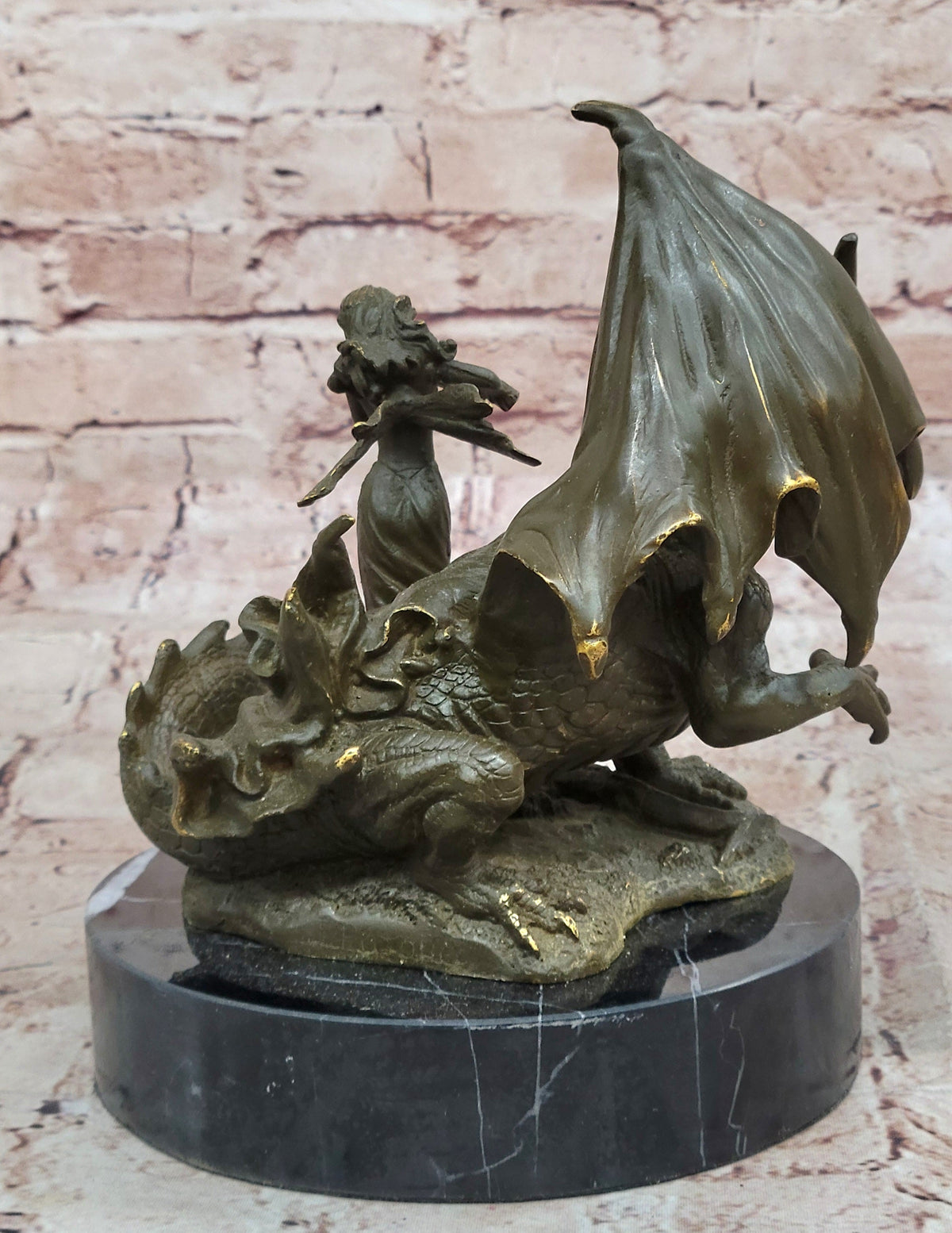 Bronze Dragon and Violinist Statue Fantasy Medieval Sculpture Decor