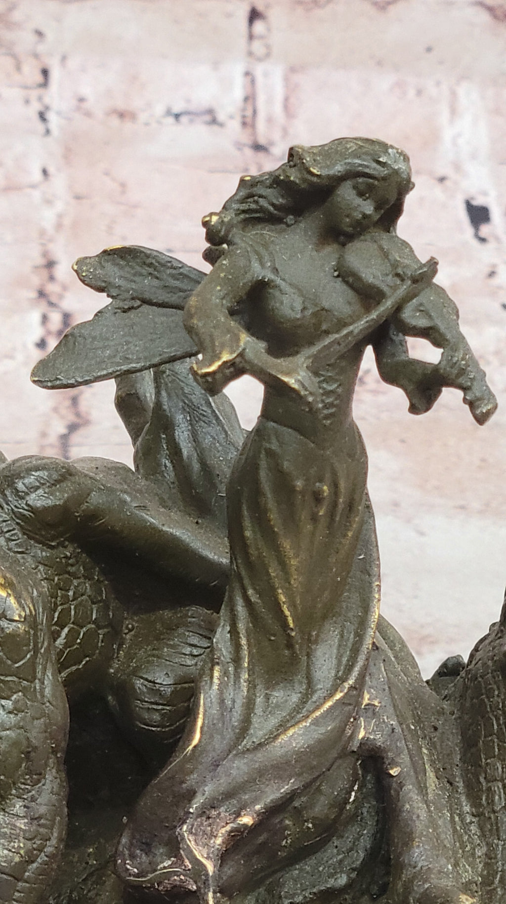 Bronze Dragon and Violinist Statue Fantasy Medieval Sculpture Decor