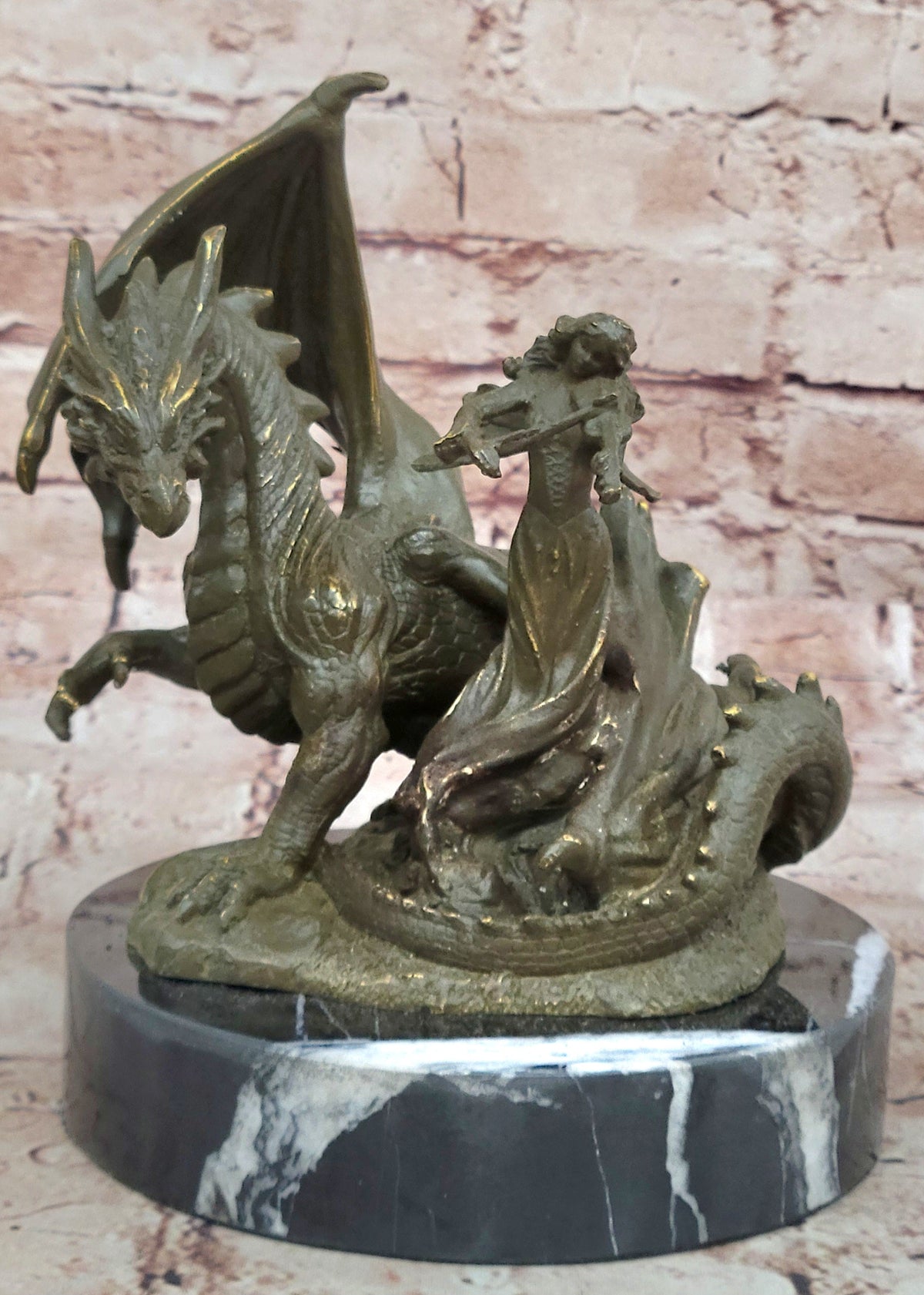 Bronze Dragon and Violinist Statue Fantasy Medieval Sculpture Decor