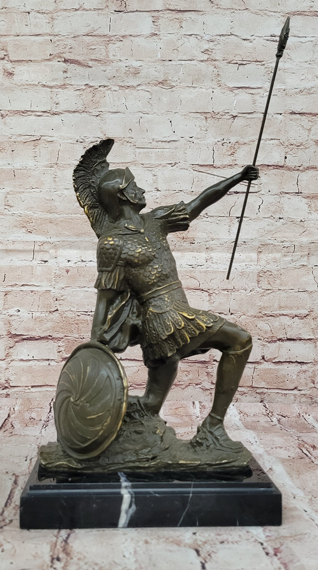 Kneeling Roman Legion Centurion Warrior Bronze Sculpture with Spear & Shield