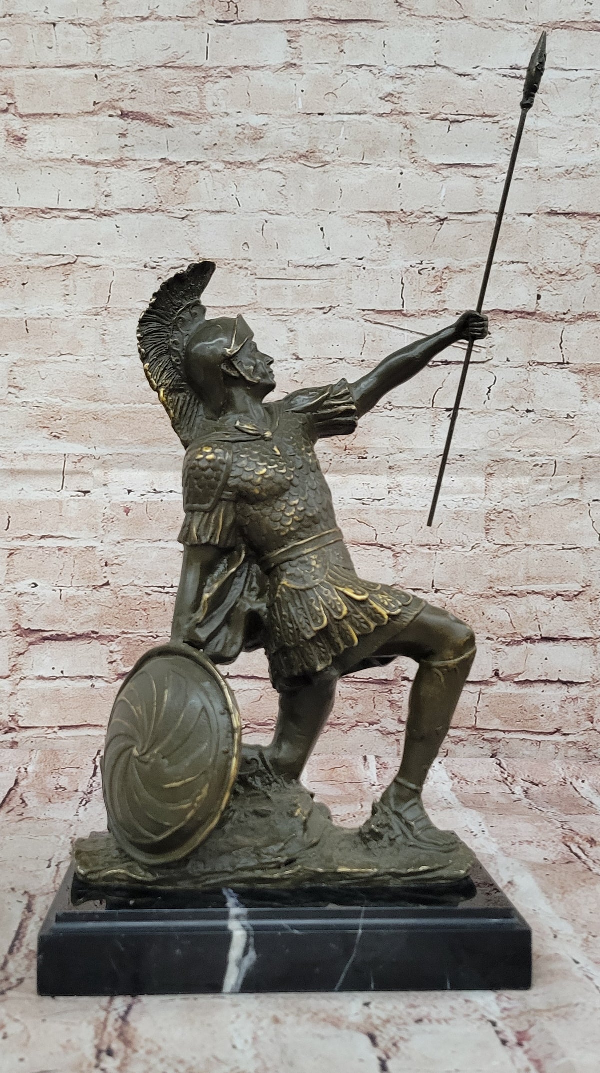 Kneeling Roman Legion Centurion Warrior Bronze Sculpture with Spear & Shield