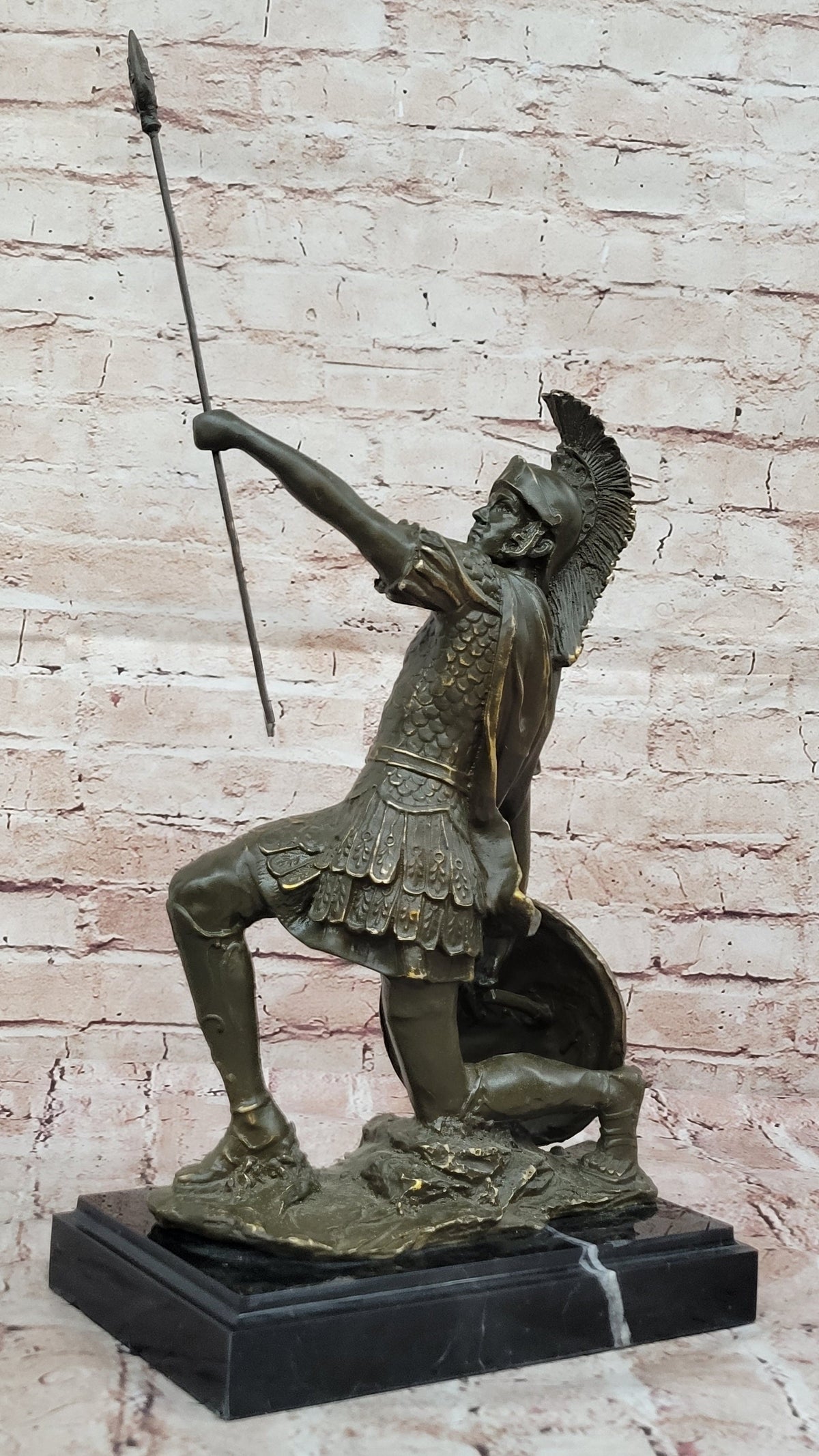 Kneeling Roman Legion Centurion Warrior Bronze Sculpture with Spear & Shield