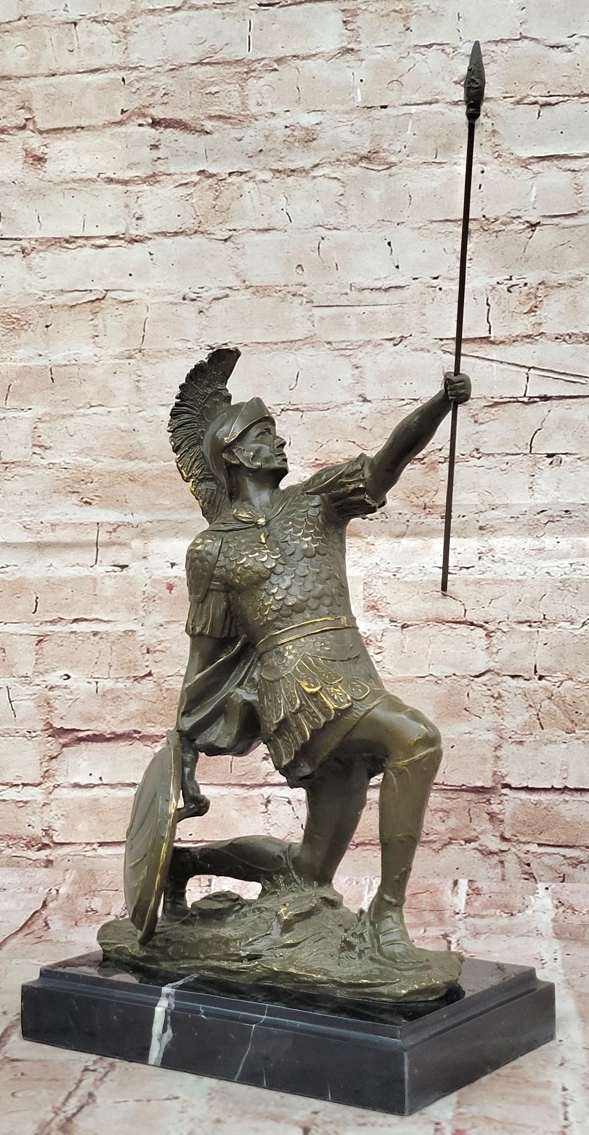 Kneeling Roman Legion Centurion Warrior Bronze Sculpture with Spear & Shield