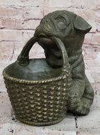 Bronze Pug Puppy Holding Woven Basket – Dog Figurine