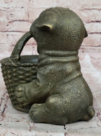 Bronze Pug Puppy Holding Woven Basket – Dog Figurine