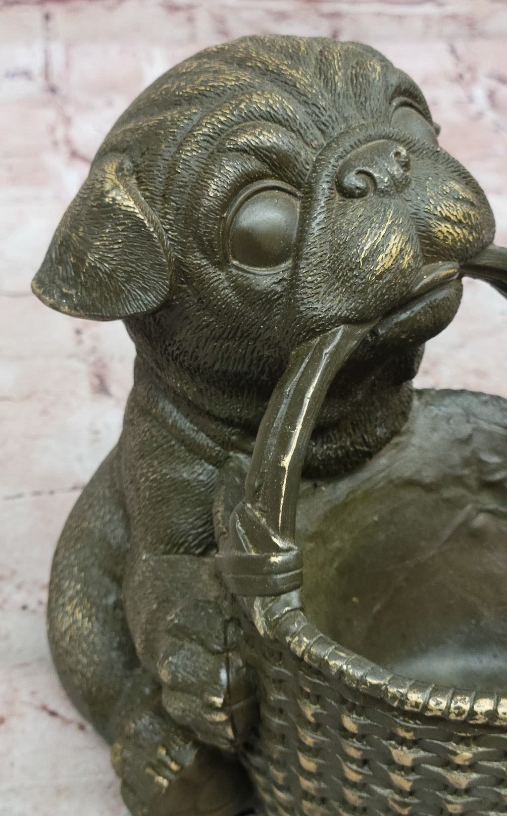 Bronze Pug Puppy Holding Woven Basket – Dog Figurine