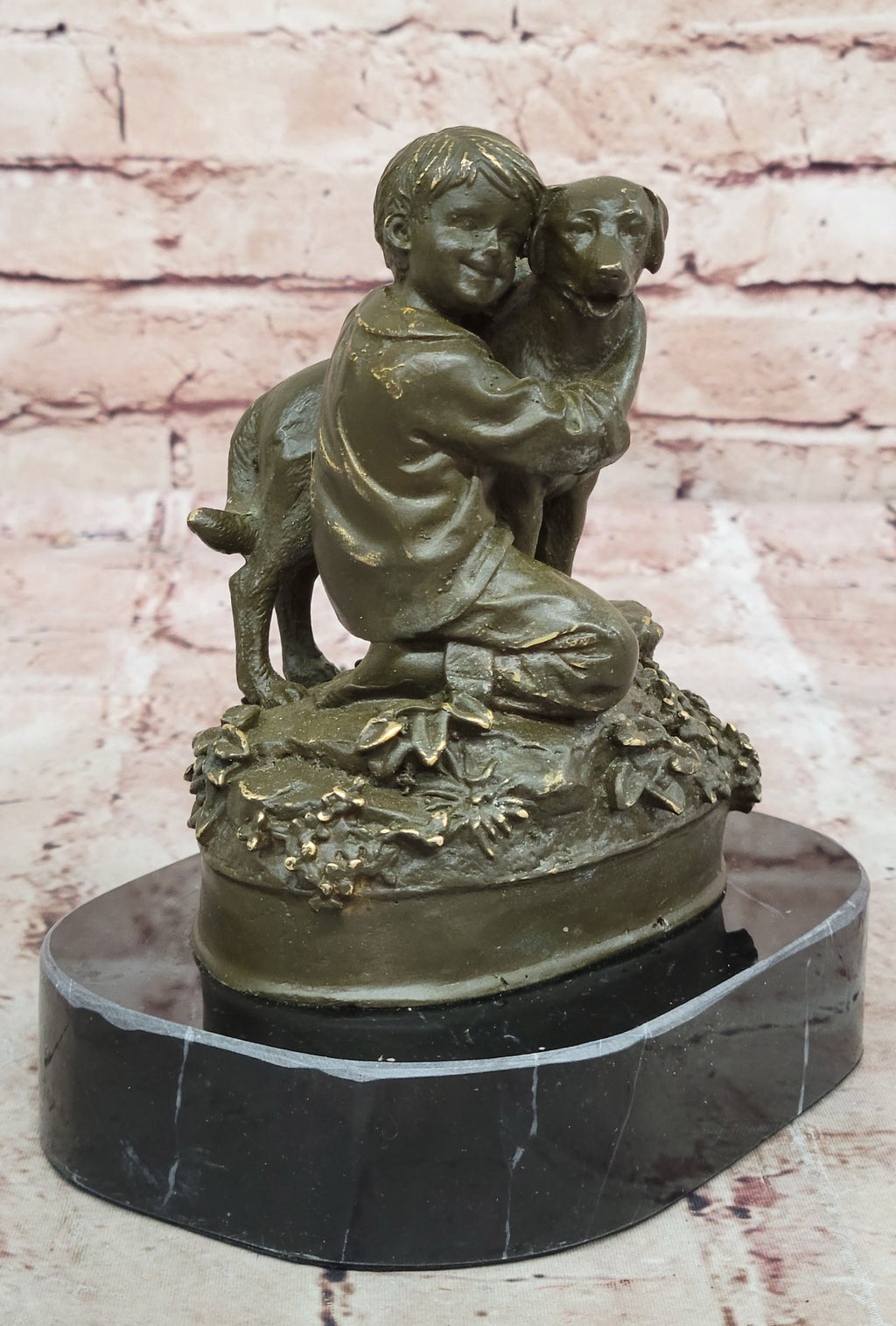 Boy Hugging Dog Bronze Sculpture on Marble Base