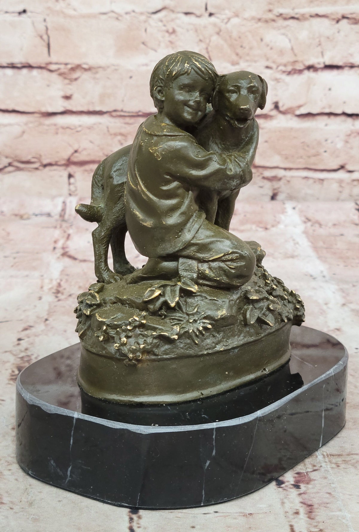 Boy Hugging Dog Bronze Sculpture on Marble Base