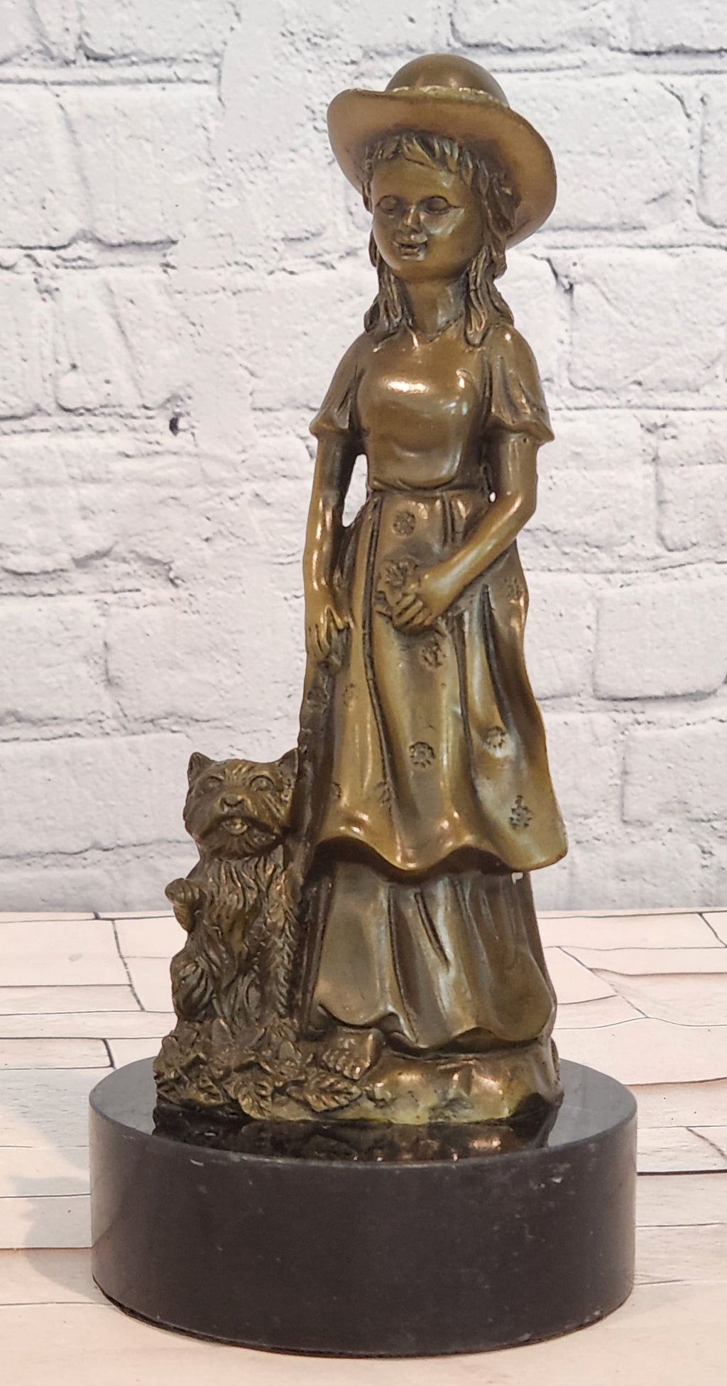 Charming Young Girl and Yorkshire Terrier Dog Bronze Statue Figurine
