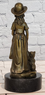 Charming Young Girl and Yorkshire Terrier Dog Bronze Statue Figurine