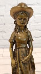 Charming Young Girl and Yorkshire Terrier Dog Bronze Statue Figurine