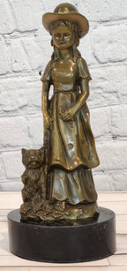 Charming Young Girl and Yorkshire Terrier Dog Bronze Statue Figurine