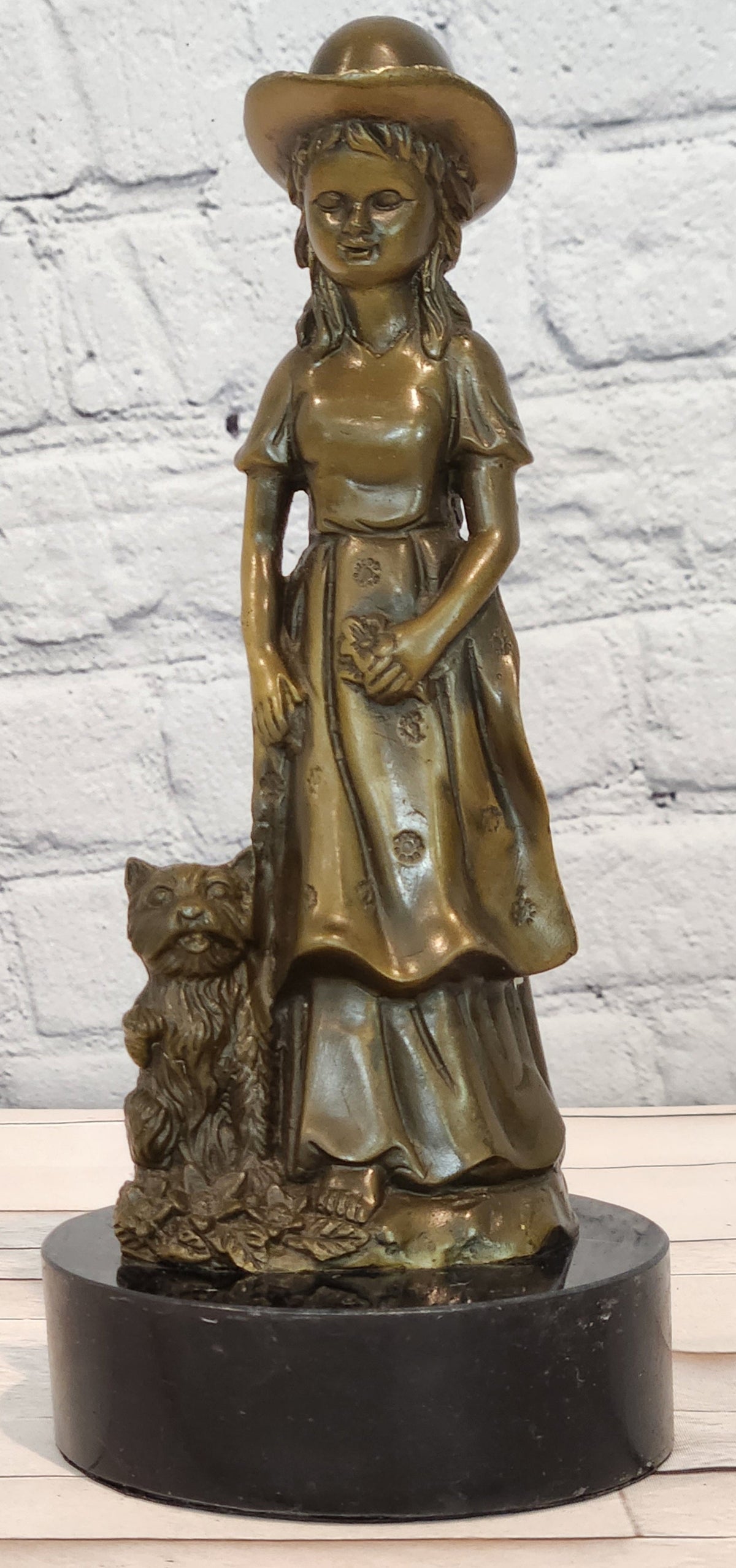 Charming Young Girl and Yorkshire Terrier Dog Bronze Statue Figurine