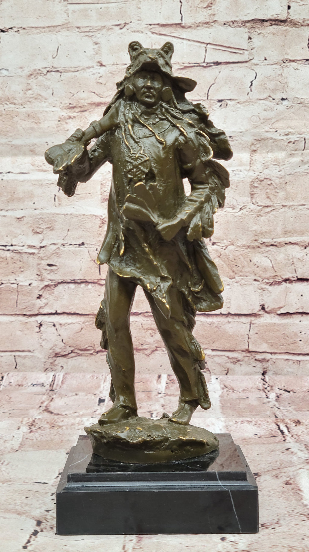 Bronze Native American Warrior Sculpture with Wolf Headdress