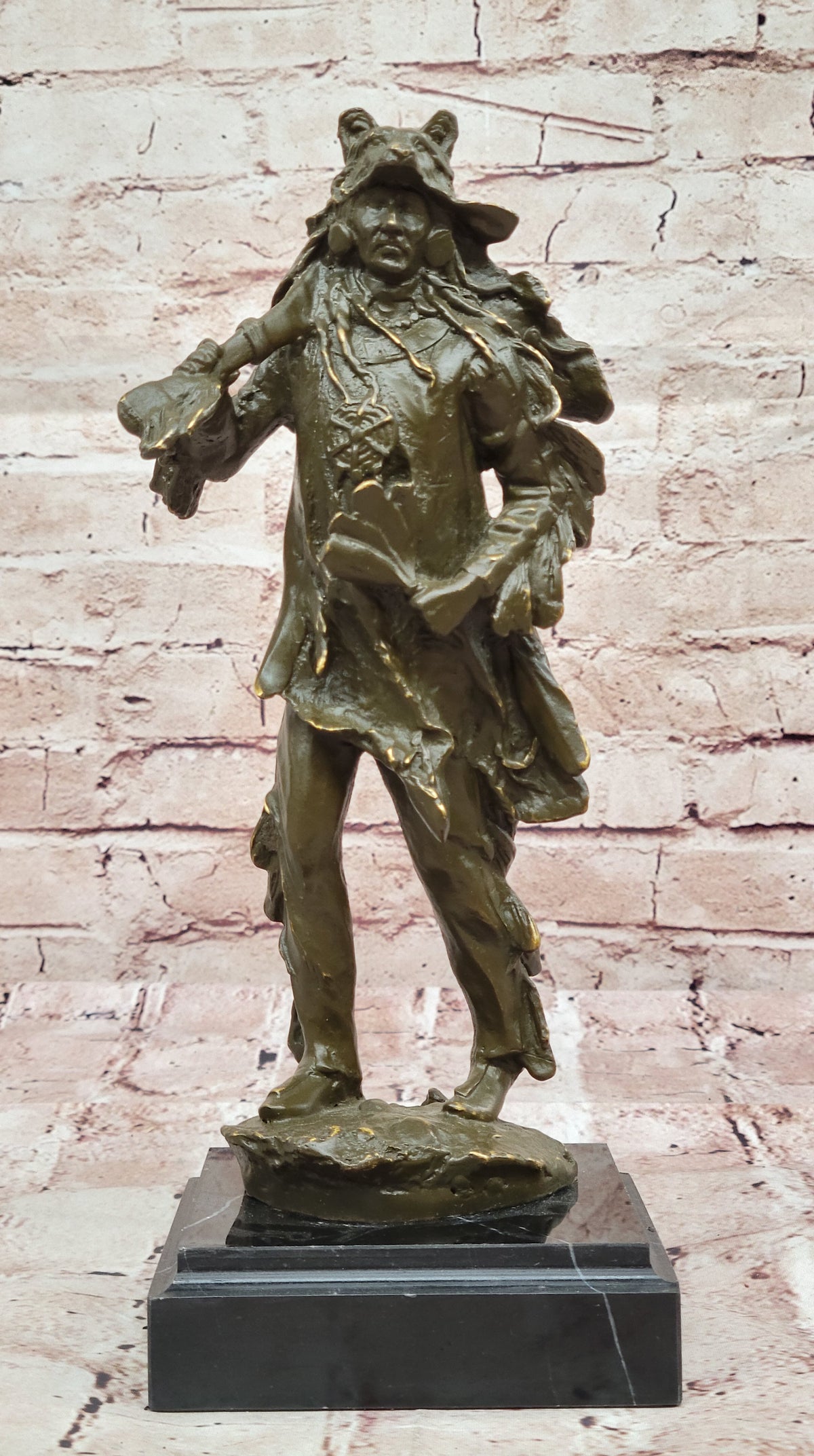 Bronze Native American Warrior Sculpture with Wolf Headdress