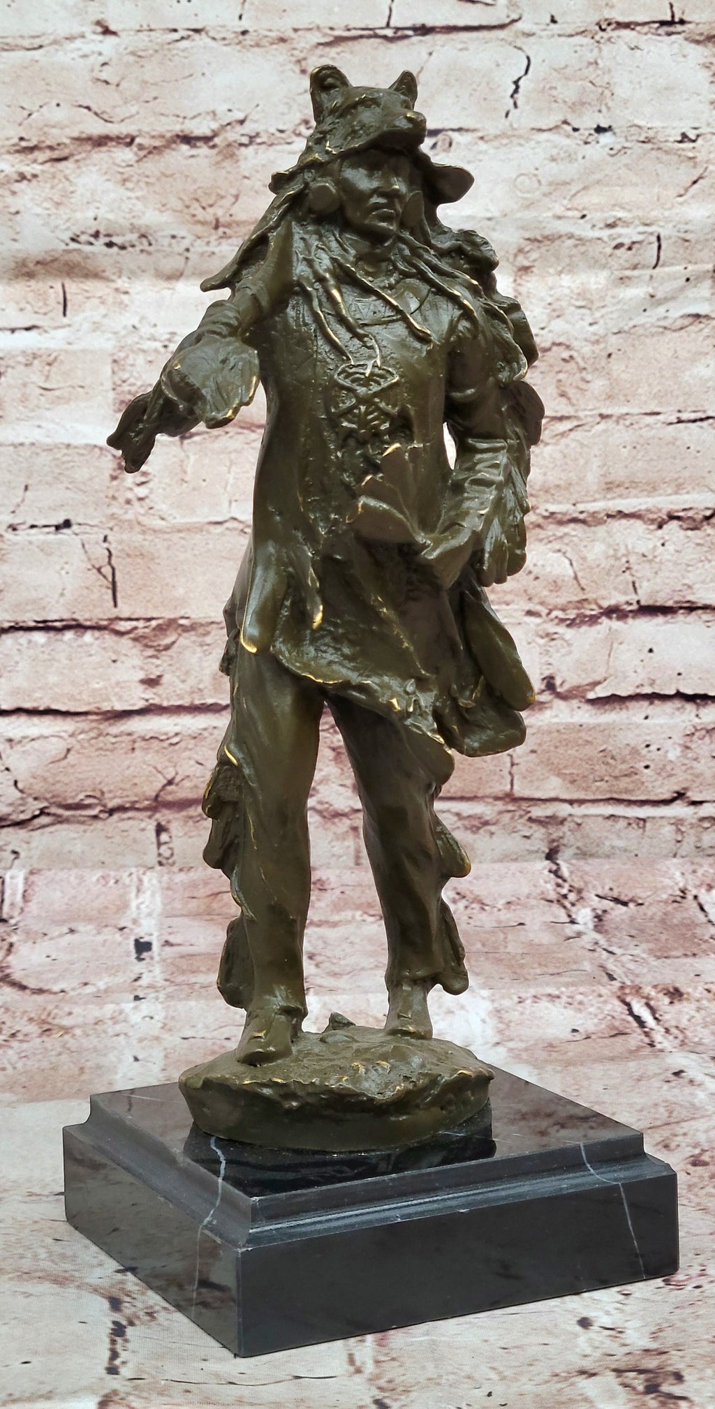 Bronze Native American Warrior Sculpture with Wolf Headdress
