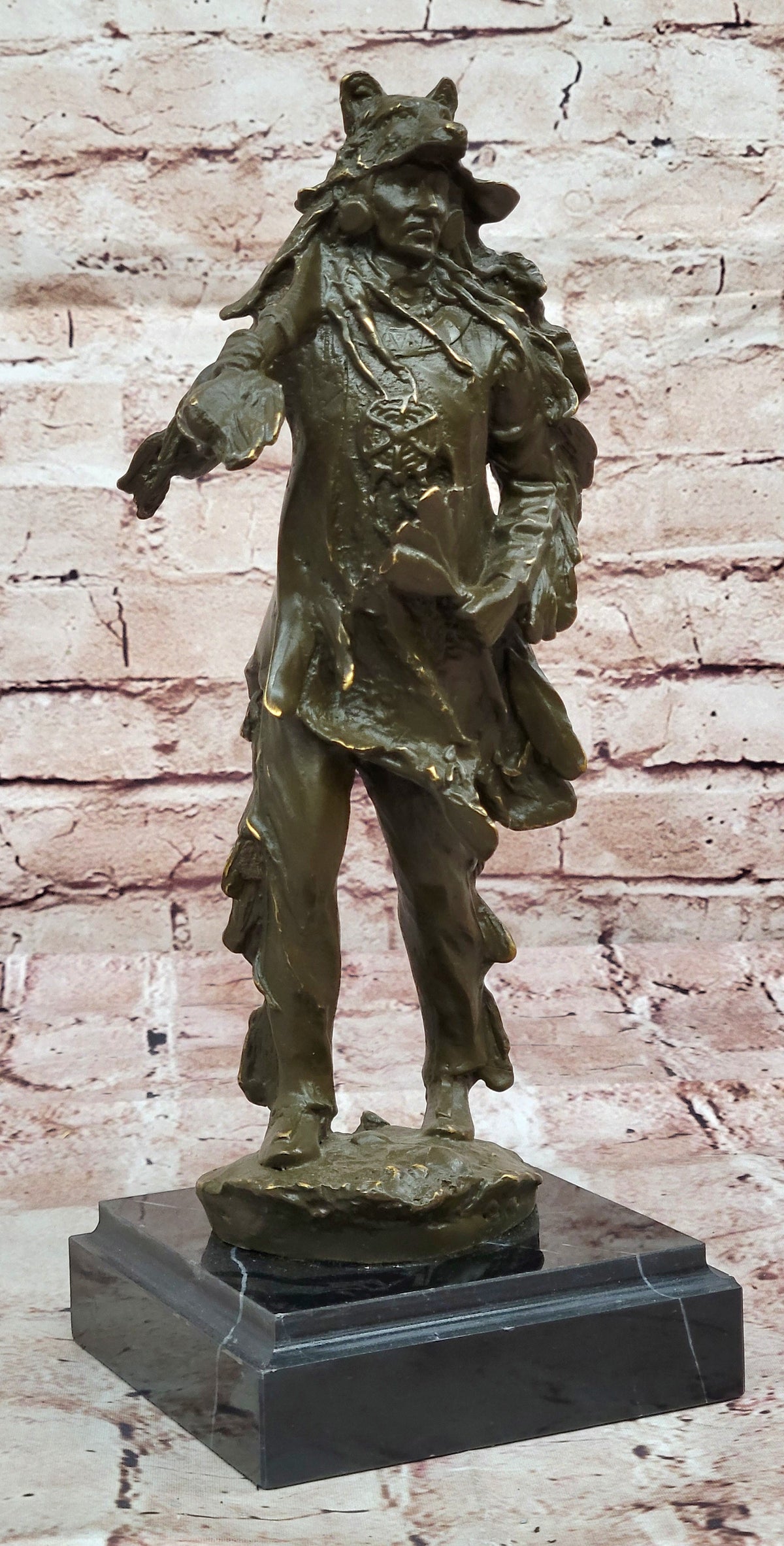 Bronze Native American Warrior Sculpture with Wolf Headdress