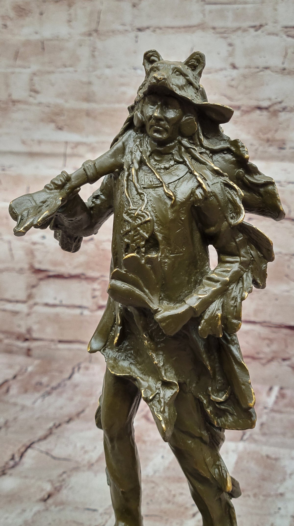Bronze Native American Warrior Sculpture with Wolf Headdress