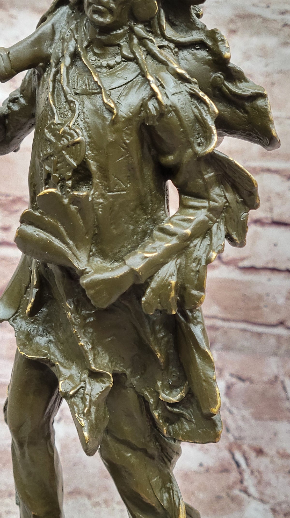 Bronze Native American Warrior Sculpture with Wolf Headdress