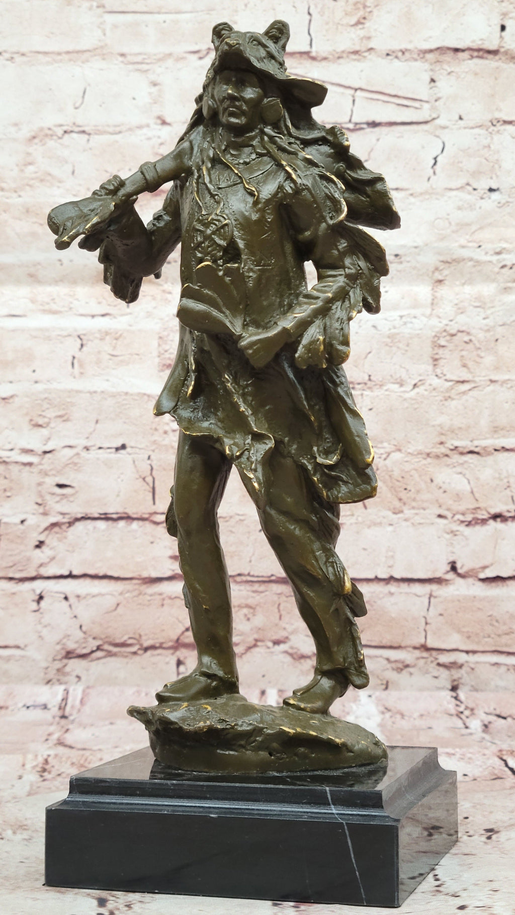 Bronze Native American Warrior Sculpture with Wolf Headdress