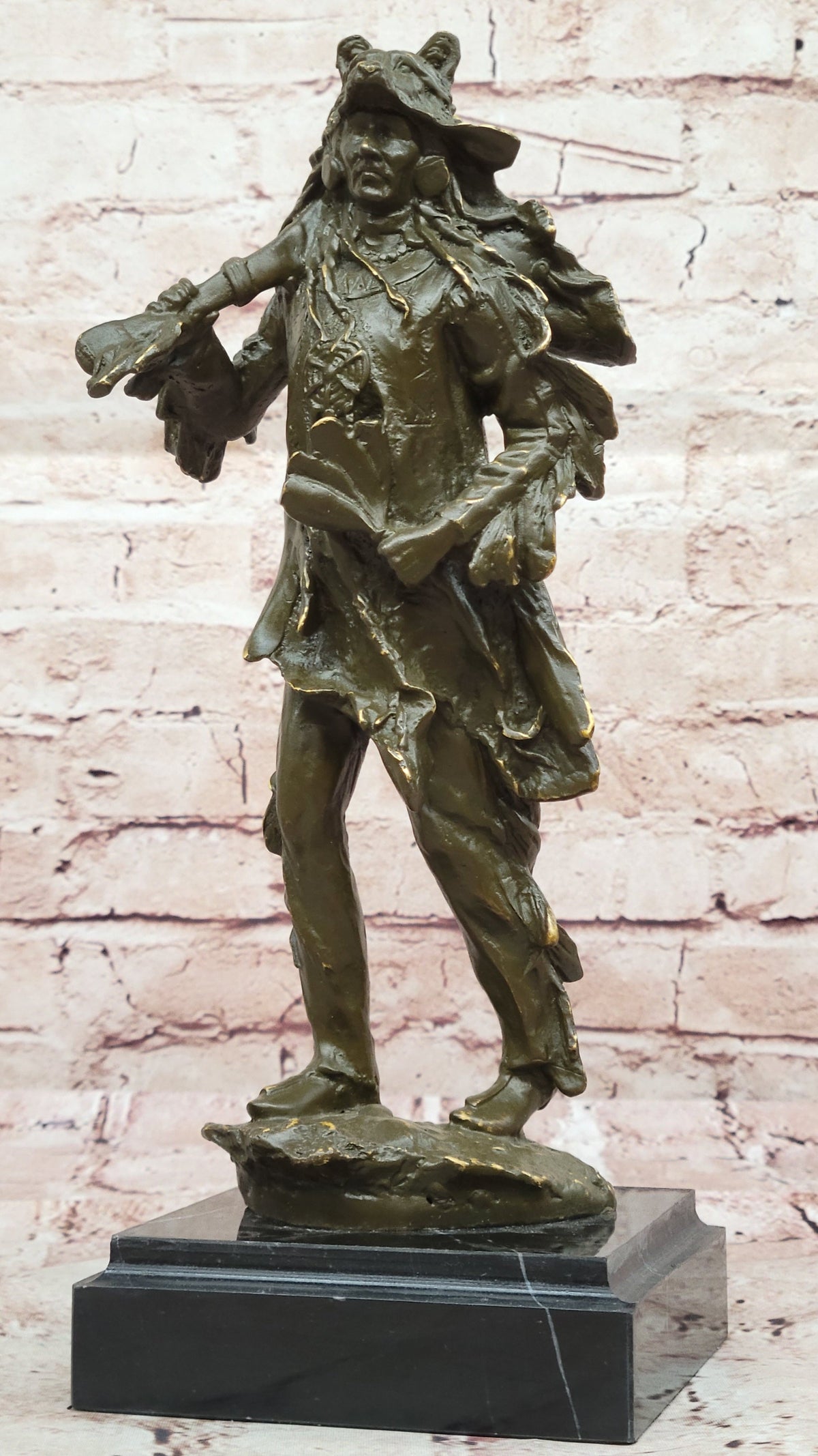 Bronze Native American Warrior Sculpture with Wolf Headdress
