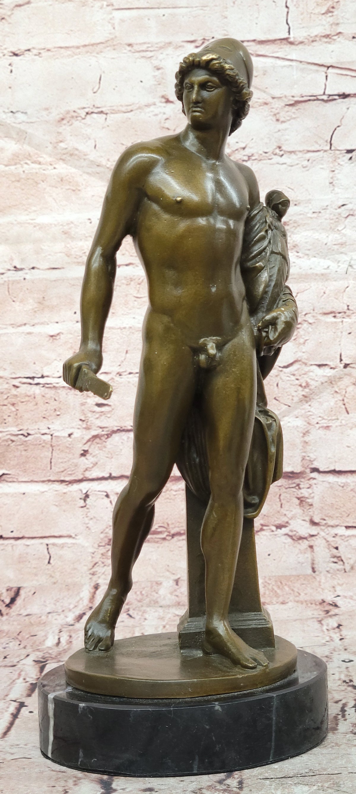Bronze Statue of Nude Ancient Warrior Carrying Idol