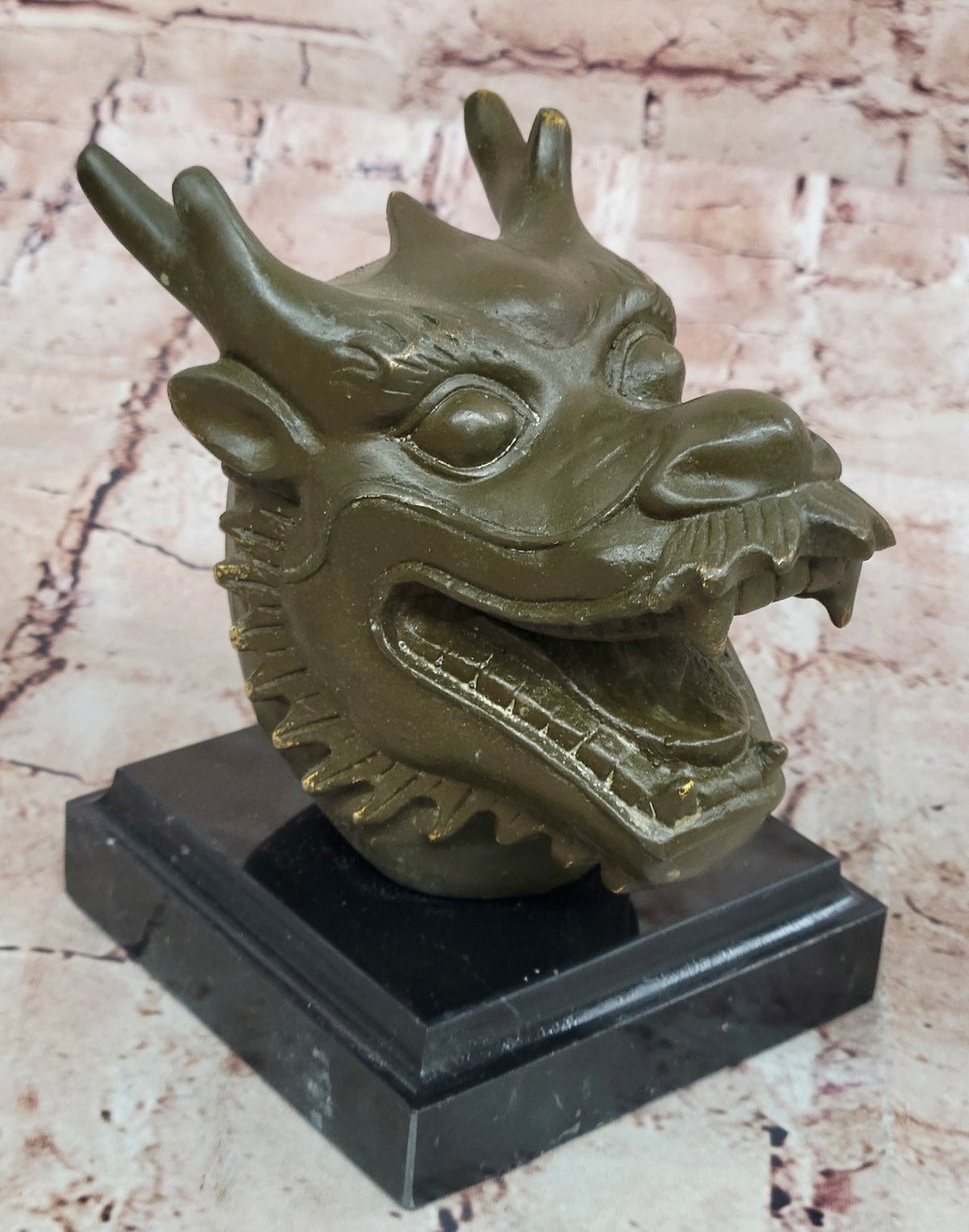 Bronze Dragon Head Bust on Marble Base – Chinese Zodiac Sculpture