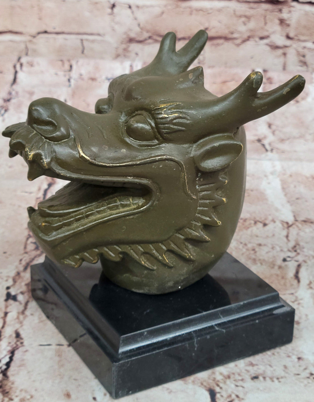 Bronze Dragon Head Bust on Marble Base – Chinese Zodiac Sculpture