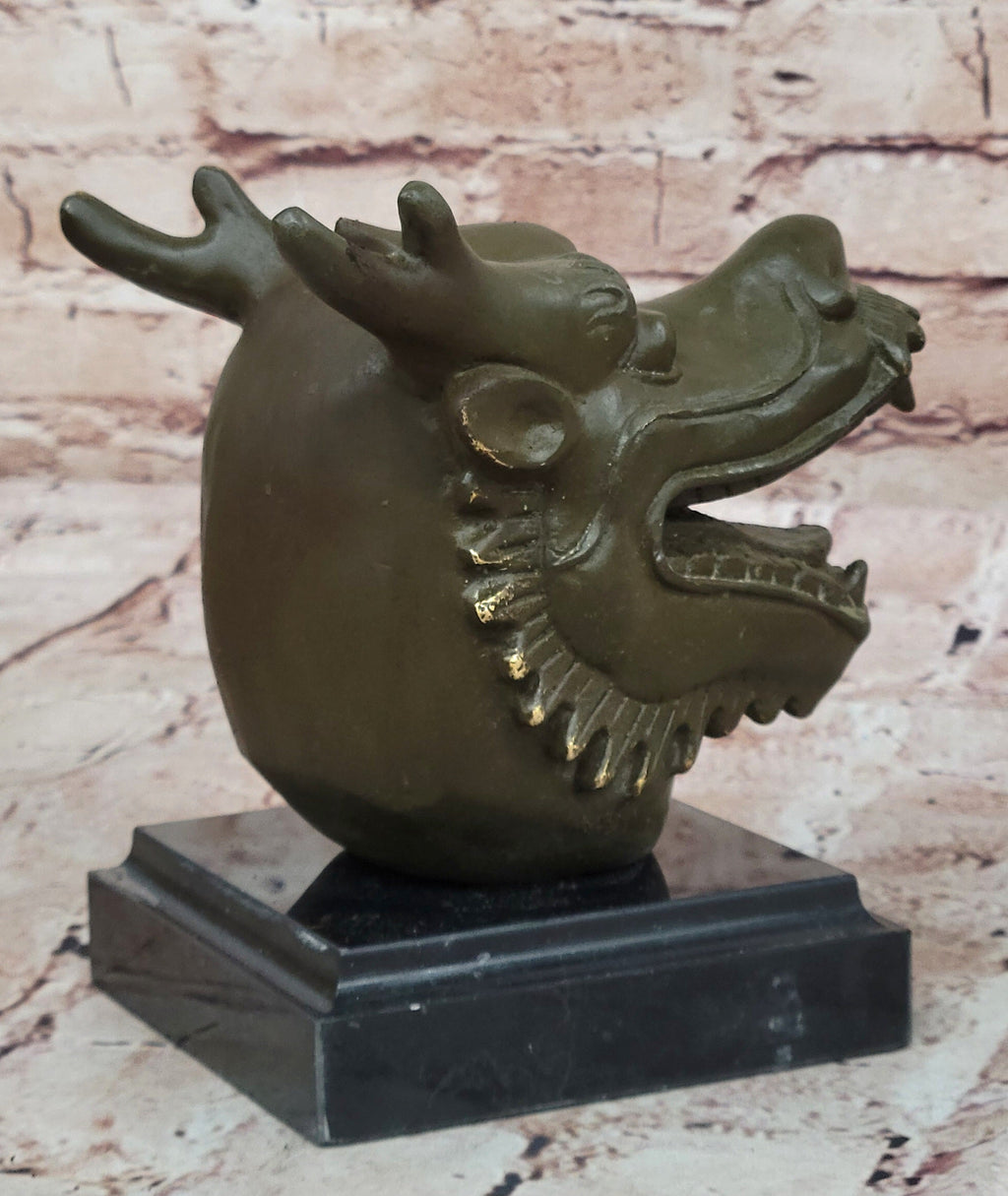 Bronze Dragon Head Bust on Marble Base – Chinese Zodiac Sculpture
