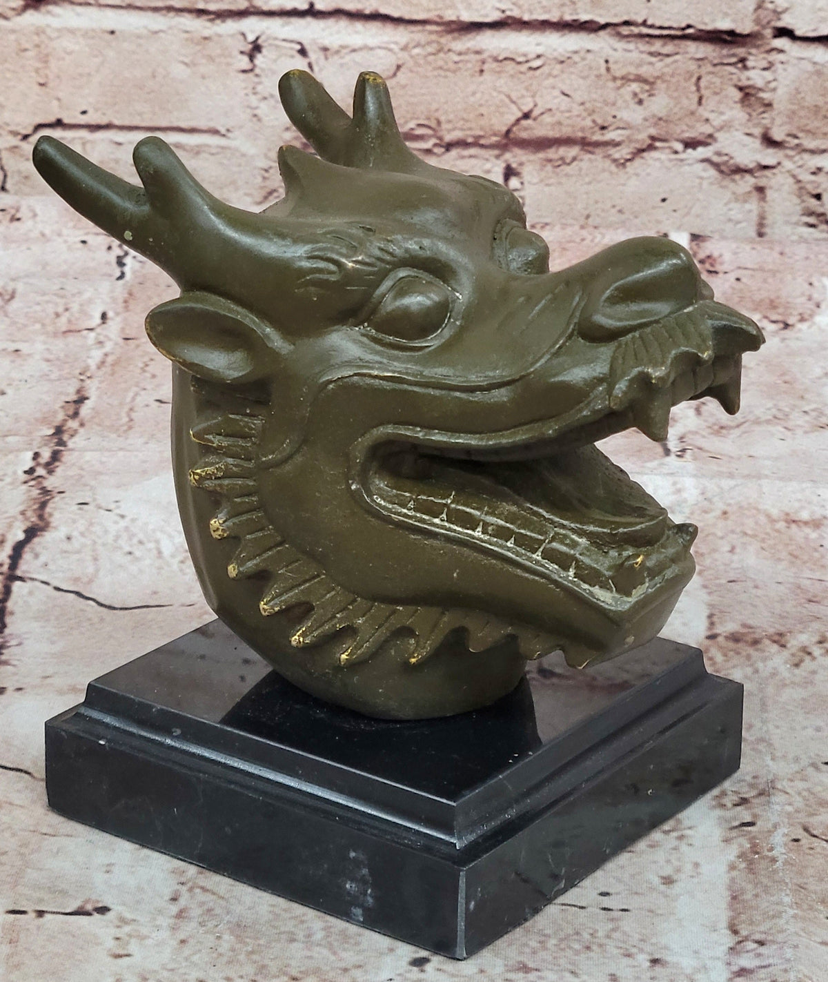 Bronze Dragon Head Bust on Marble Base – Chinese Zodiac Sculpture