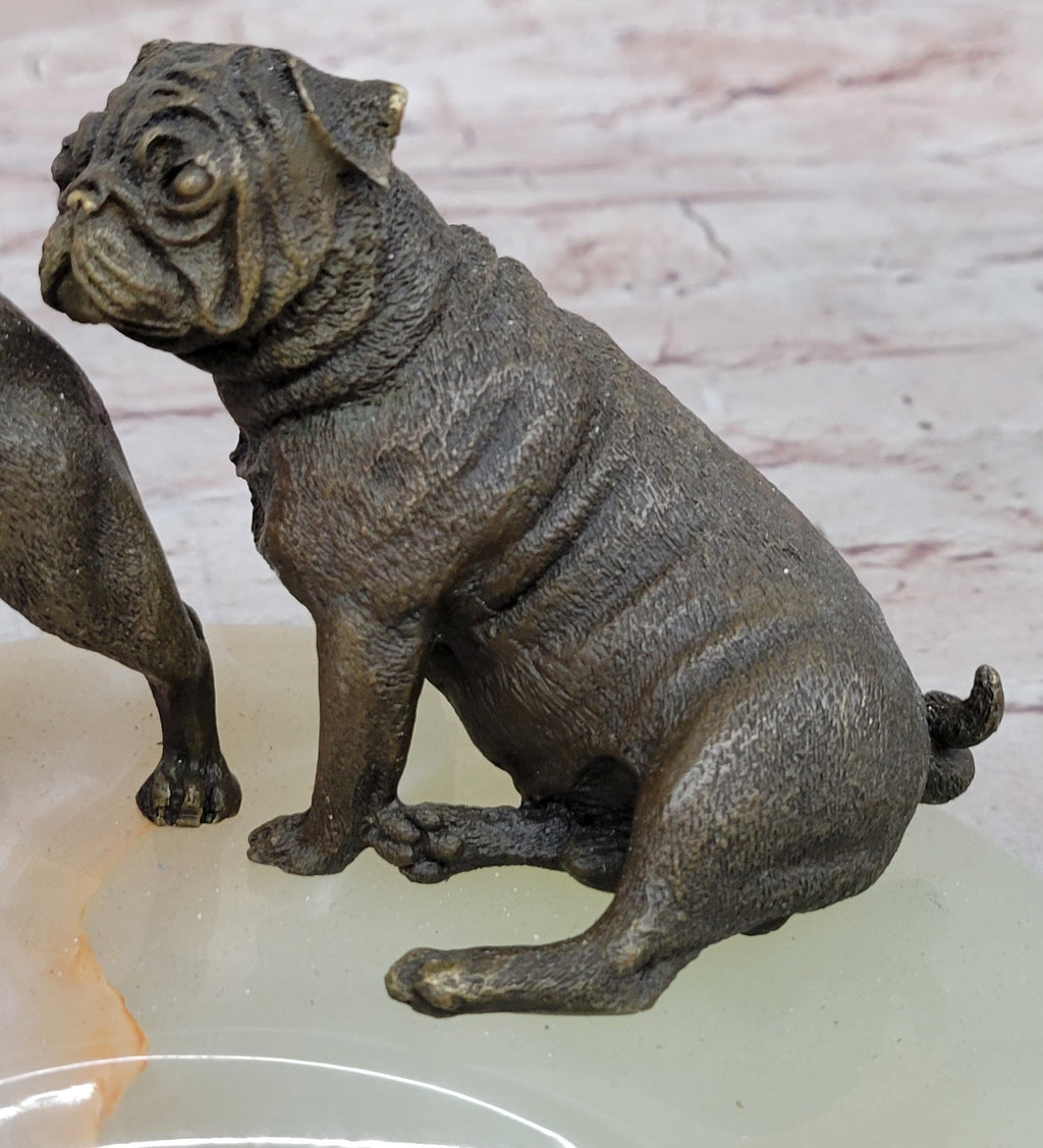 Bronze Bulldog & Pug Dog Figurines on Marble - Soap Dish Ashtray Handmade Art