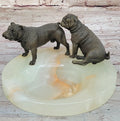 Bronze Bulldog & Pug Dog Figurines on Marble - Soap Dish Ashtray Handmade Art